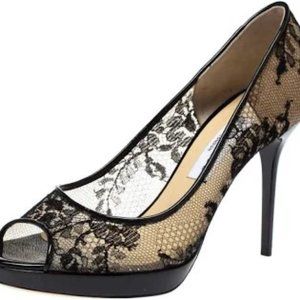 Jimmy Choo Women’s Luna Black Lace Peep Toe Pumps